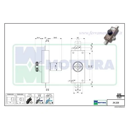 VERTICAL RIM LOCK EXTERNAL PUMP CYLINDER INTERNAL KNOB MOTTURA 34.326
