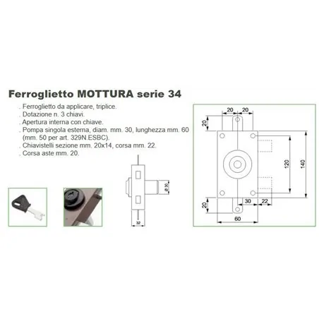THREE-POINT RIM LOCK EXTERNAL PUMP CYLINDER CHIAVE INTERNAL MOTTURA 34.328