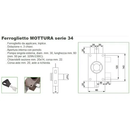 THREE-POINT RIM LOCK EXTERNAL PUMP CYLINDER POMOLO INTERNAL MOTTURA 34.329