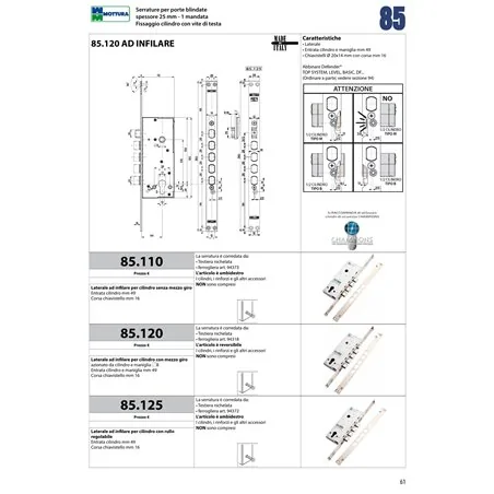 MOTTURA 85.110 LOCK FOR ARMOURED DOOR WITH EUROPROFILE CYLINDER MORTISE 25 MM