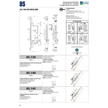 MOTTURA 85.140 LOCK FOR ARMOURED DOOR WITH EUROPROFILE CYLINDER MORTISE 25 MM