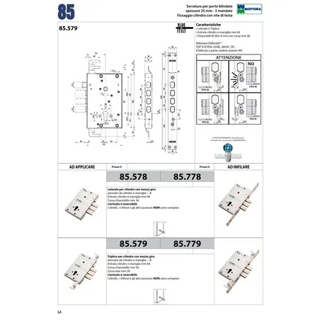 MOTTURA 85.578 SERRATURA A CILINDRO EUROPEO PER PORTA BLINDATA AD APPLICARE SPESSORE 25MM
