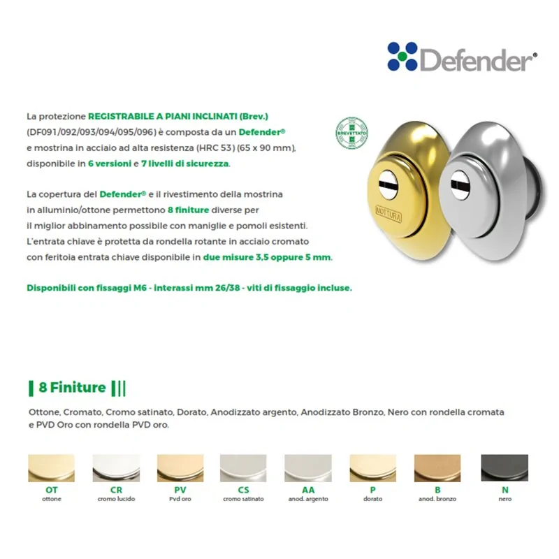 DEFENDER MOTTURA DF090 REGISTRABILE A PIANI INCLINATI PER CILINDRI EUROPEI