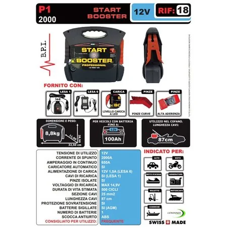 AVVIATORE PER AUTO START BOOSTER P1 12V 2000/2500/3200 A LEMANIA
