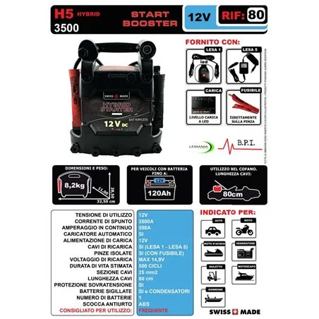 AVVIATORE PER AUTO START BOOSTER H5 HYBRID 12V/3500 LEMANIA