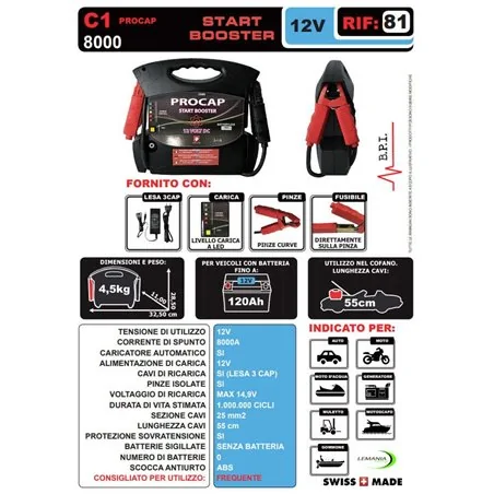 CAR START BOOSTER START BOOSTER BATTERYLESS C1 PROCAP 12V/8000 LEMANIA ENERGY