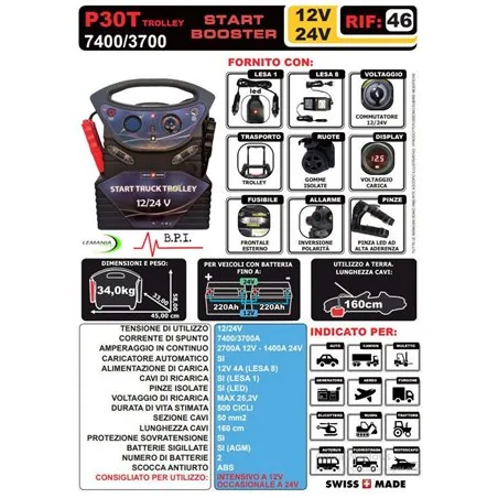 CAR AND TRUCK START BOOSTER START TRUCK TROLLEY P30 7400/3700 12/24V LEMANIA ENERGY