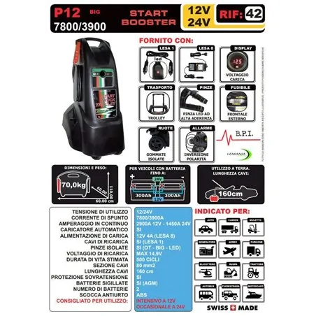 CAR AND TRUCK START BOOSTER START TRUCK BIG TROLLEY P12 7800/3900 12/24V LEMANIA ENERGY