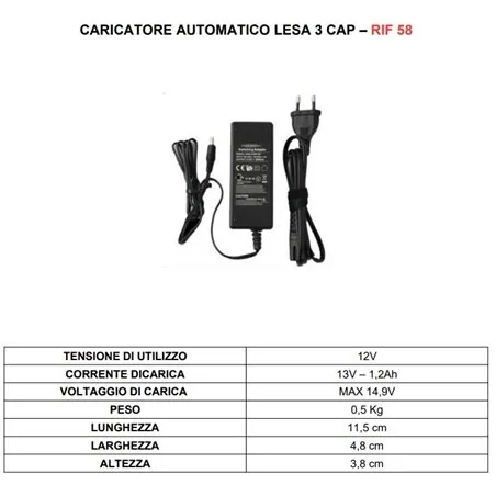 LESA 3 CAP CARICATORE AUTOMATICO 12V 1,2Ah PER AVVIATORI E START BOOSTER SENZA BATTERIE