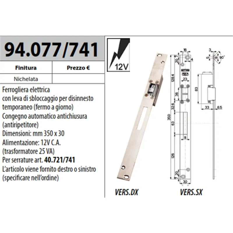 MOTTURA 94.077 INCONTRO ELETTRICO PER SERRATURE VARIE SERIE