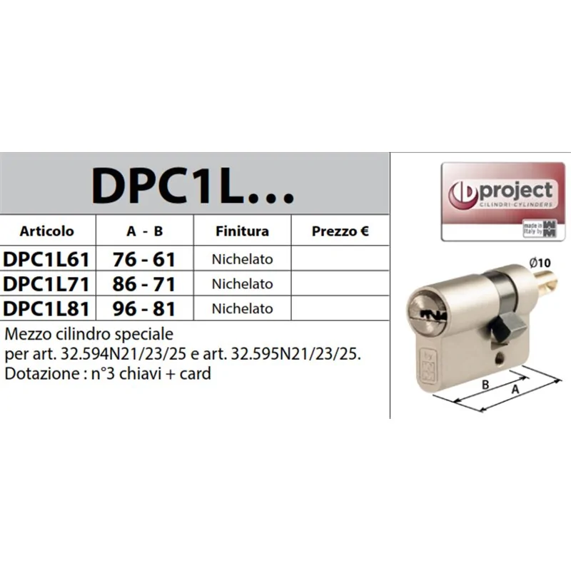 MEZZO CILINDRO PROJECT MOTTURA CHIAVE/PREDISPOSIZIONE POMOLO PER SERRATURE SERIE 32