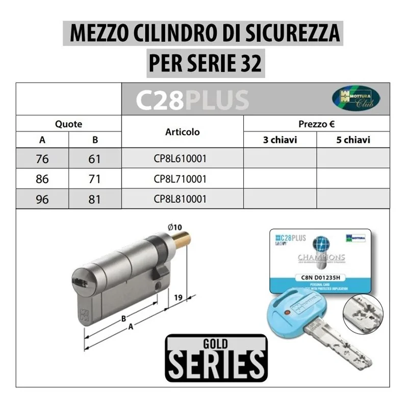 MEZZO CILINDRO SPECIALE C28PLUS MOTTURA PER SERRATURE SERIE 32