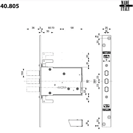 MORTICE SIDE DOUBLE-BIT KEY LOCK MOTTURA 40.802