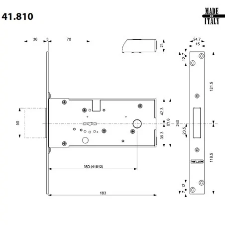 MORTICE SIDE DOUBLE-BIT KEY LOCK MOTTURA 41.812