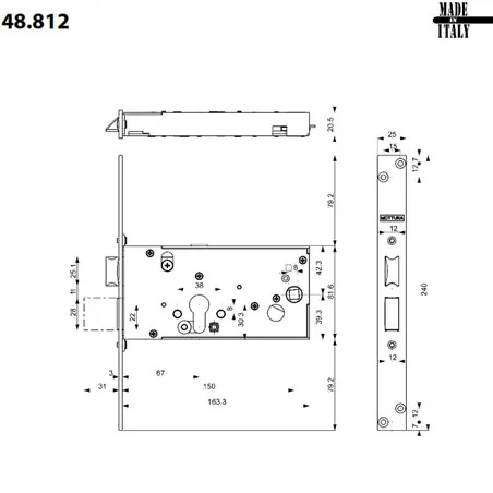 MORTICE SIDE LOCK FOR CYLINDER WITH LATCH SERIE 48 MOTTURA 48.812