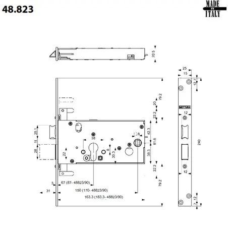THREE-POINT MORTICE LOCK FOR CYLINDER WITH LATCH SERIE 48 MOTTURA 48.823