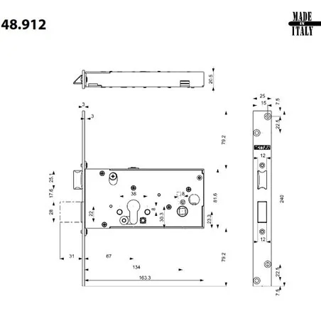 MORTICE SIDE LOCK FOR CYLINDER WITH LATCH SERIE 48 MOTTURA 48.912