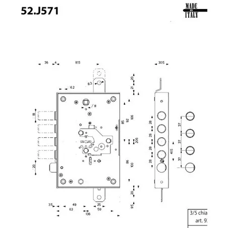 MOTTURA 52.J583 REPLAY RECODABLE DOUBLE-BITTED THREE-POINT RIM LOCK