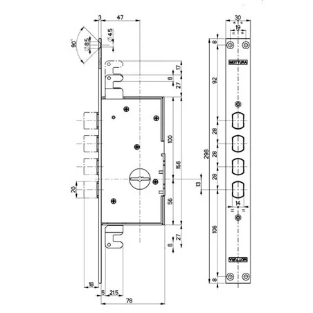 MOTTURA 72.130 SERIES 72 THREE-POINT MORTISE DOUBLE-BITTED LOCK 25 MM