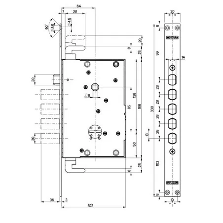 MOTTURA 72.779 SERIES 72 THREE-POINT MORTISE DOUBLE-BITTED LOCK 25 MM