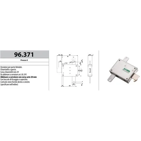 MOTTURA 96.371 DEVIATORE CHIAVISTELLO A GANCIO PER SERRATURE CORSA ASTE FINO A 20 MM