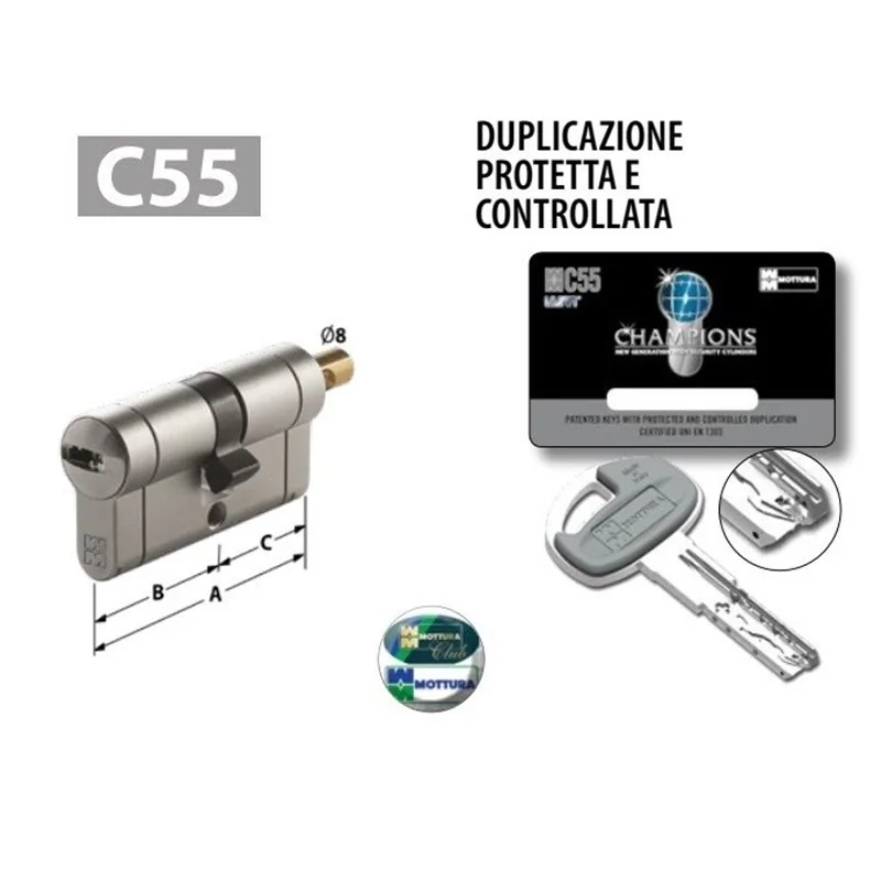 CILINDRO EUROPEO MOTTURA CHAMPIONS C55 CHIAVE/PREDISPOSIZIONE POMOLO FISSA
