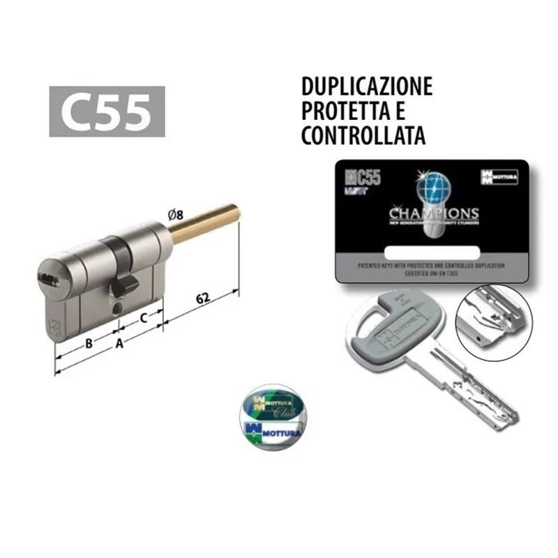 CILINDRO EUROPEO MOTTURA CHAMPIONS C55 CHIAVE/PREDISPOSIZIONE POMOLO REGOLABILE