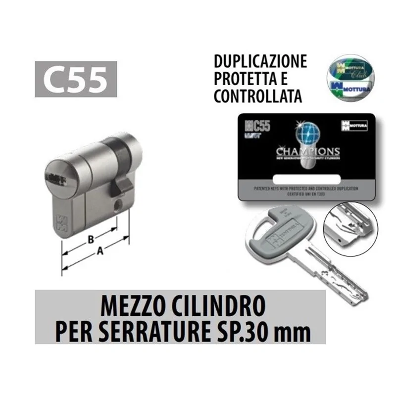 MEZZO CILINDRO CHAMPIONS C55 PER SERRATURE SPESSORE 30 MM