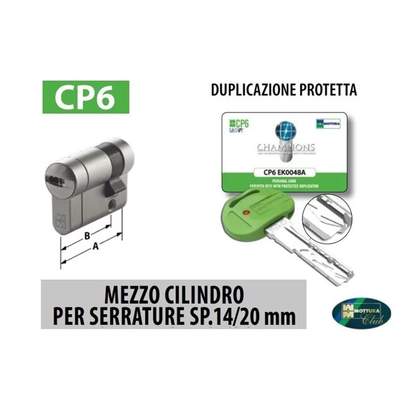 MEZZO CILINDRO CHAMPIONS CP6 PER SERRATURE SPESSORE 14/20 MM MEZZO CILINDRO CHAMPIONS CP6 PER SERRATURE SPESSORE 14/20 MM