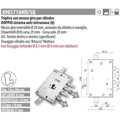 MOTTURA 898571AM SERRATURA RICAMBIO ALLMET CHIAVISTELLI E MEZZO GIRO PROLUNGATI +10 MM