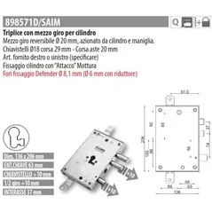 MOTTURA 898571 SERRATURA RICAMBIO ALLMET CHIAVISTELLI E MEZZO GIRO PROLUNGATI +10 MM