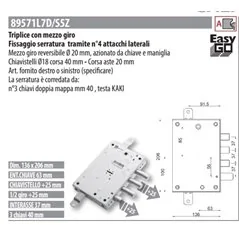 MOTTURA 89571L7 SERRATURA RICAMBIO CALABRO' DOPPIA MAPPA ATTACCHI LATERALIGATI
