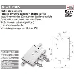 MOTTURA 89571CPC SERRATURA RICAMBIO CPC DOPPIA MAPPA CHIAVISTELLI PROLUNGATI