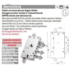 MOTTURA 898595CP SERRATURA RICAMBIO CPC DOPPIO CILINDRO FISSAGGIO ATTACCHI LATERALI