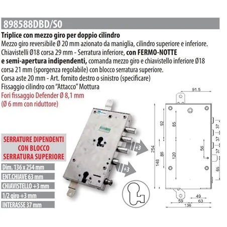 MOTTURA 898588DB SERRATURA RICAMBIO DIBI DOPPIO CILINDRO