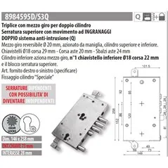 MOTTURA 8984595/3Q SERRATURA RICAMBIO DIERRE DOPPIO CILINDRO AD INGRANAGGI