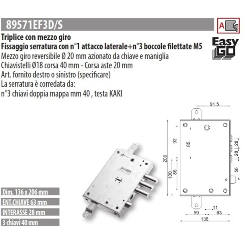 MOTTURA 89571EF3 SERRATURA RICAMBIO EFFEPI DOPPIA MAPPA EASY GO