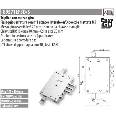 MOTTURA 89571EF3 SERRATURA RICAMBIO EFFEPI DOPPIA MAPPA EASY GO