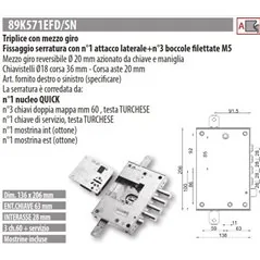 MOTTURA 89K571EF/N SERRATURA RICAMBIO EFFEPI DOPPIA MAPPA NUCLEO QUICK
