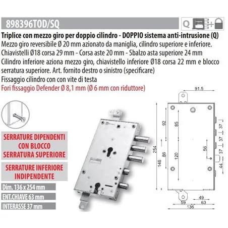 MOTTURA 898396TO SERRATURA RICAMBIO TORTEROLO & RE DOPPIO CILINDRO