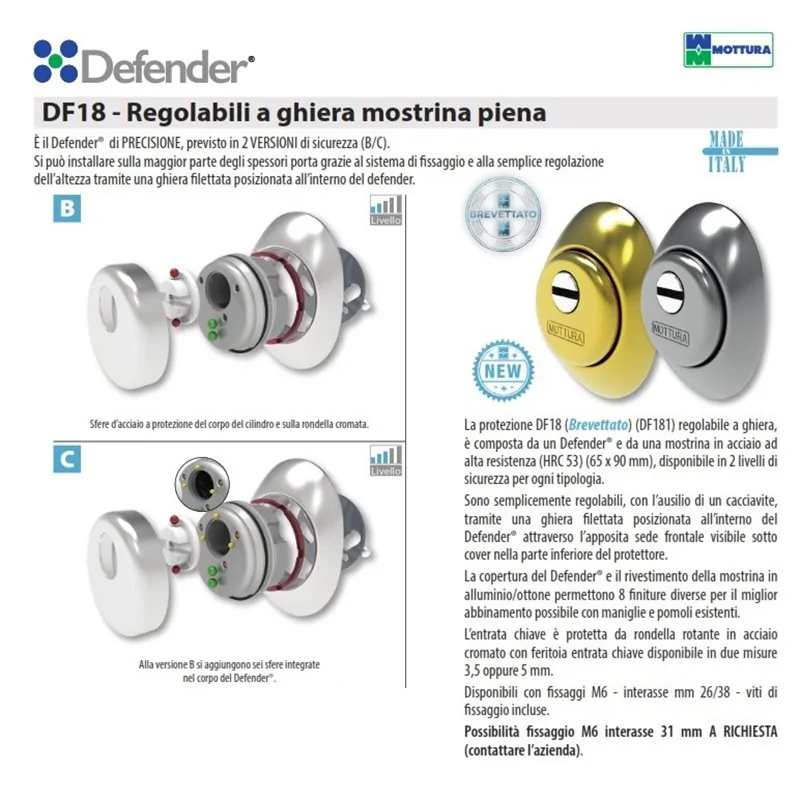 DEFENDER SERIE DF18 REGOLABILI A GHIERA CON MOSTRINA PIENA SERIE DF18 PER CILINDRI EUROPEI