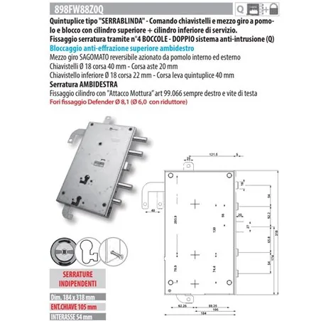 MOTTURA 898FW88Z0Q SERRATURA QUINTUPLICE SERRABLINDA DOPPIO CILINDRO
