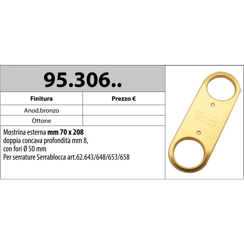MOTTURA 95.306 MOSTRINA DOPPIA CONCAVA 70X208 PER SERRATURE SERRABLOCCA SERIE 62