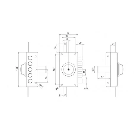 NARROW THREE-POINT RIM LOCK WITH DOUBLE CYLINDER WITHOUT LATCH TECO T1970
