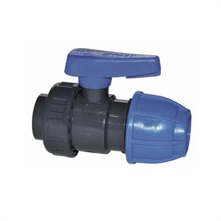 VALVOLA A SFERA MONOGHIERA IN PVC CON FILETTO F E GIUNTO A COMPRESSIONE 