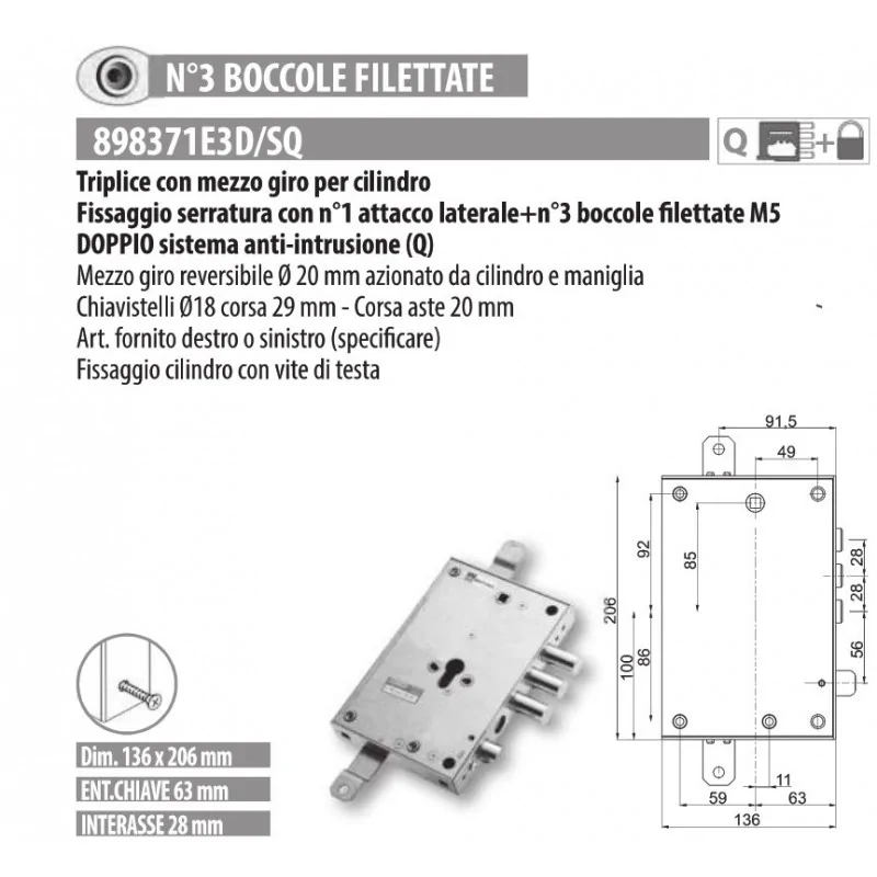 MOTTURA 898371E3 SERRATURA RICAMBIO EFFEPI CILINDRO EUROPEO