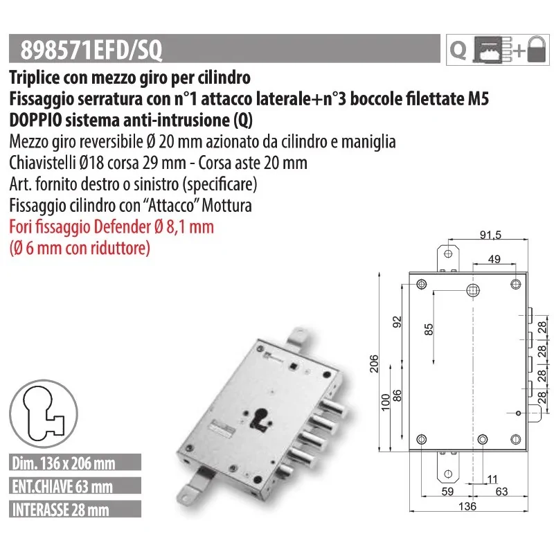 MOTTURA 898571EF SERRATURA RICAMBIO EFFEPI CILINDRO EUROPEO