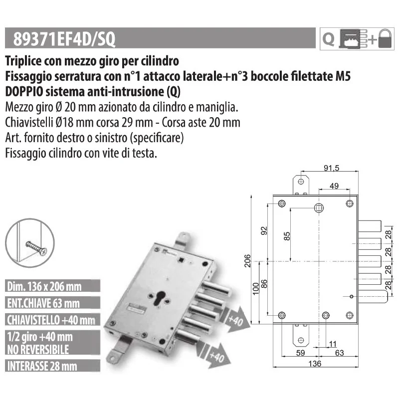 MOTTURA 89371EF4 SERRATURA RICAMBIO EFFEPI A CILINDRO EUROPEO