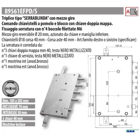 MOTTURA 89561EFP SERRATURA TIPO SERRABLINDA DOPPIA MAPPA RICAMBIO EFFEPI