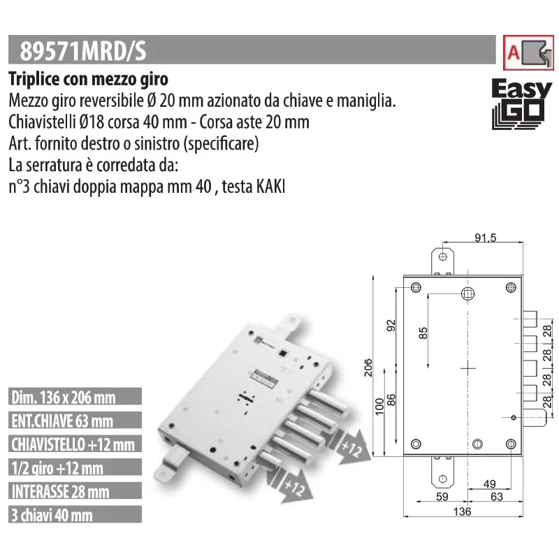 MOTTURA 898571MR SERRATURA RICAMBIO EURODOOR A CILINDRO EUROPEO